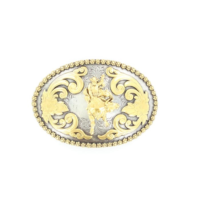MF-37566-41 Belt Buckle Oval Antique Silver with Gold Bullrider