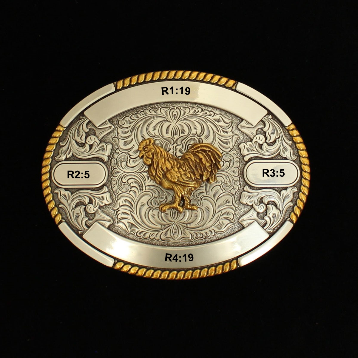 MF-38654 Trophy Buckle Oval Rooster 4 Ribbons 3-1/2x4-1/2