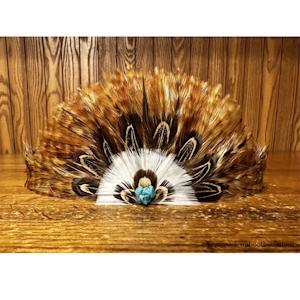 AU-FHB-02 Feather Hat Band Natural Brown with Turquoise Center