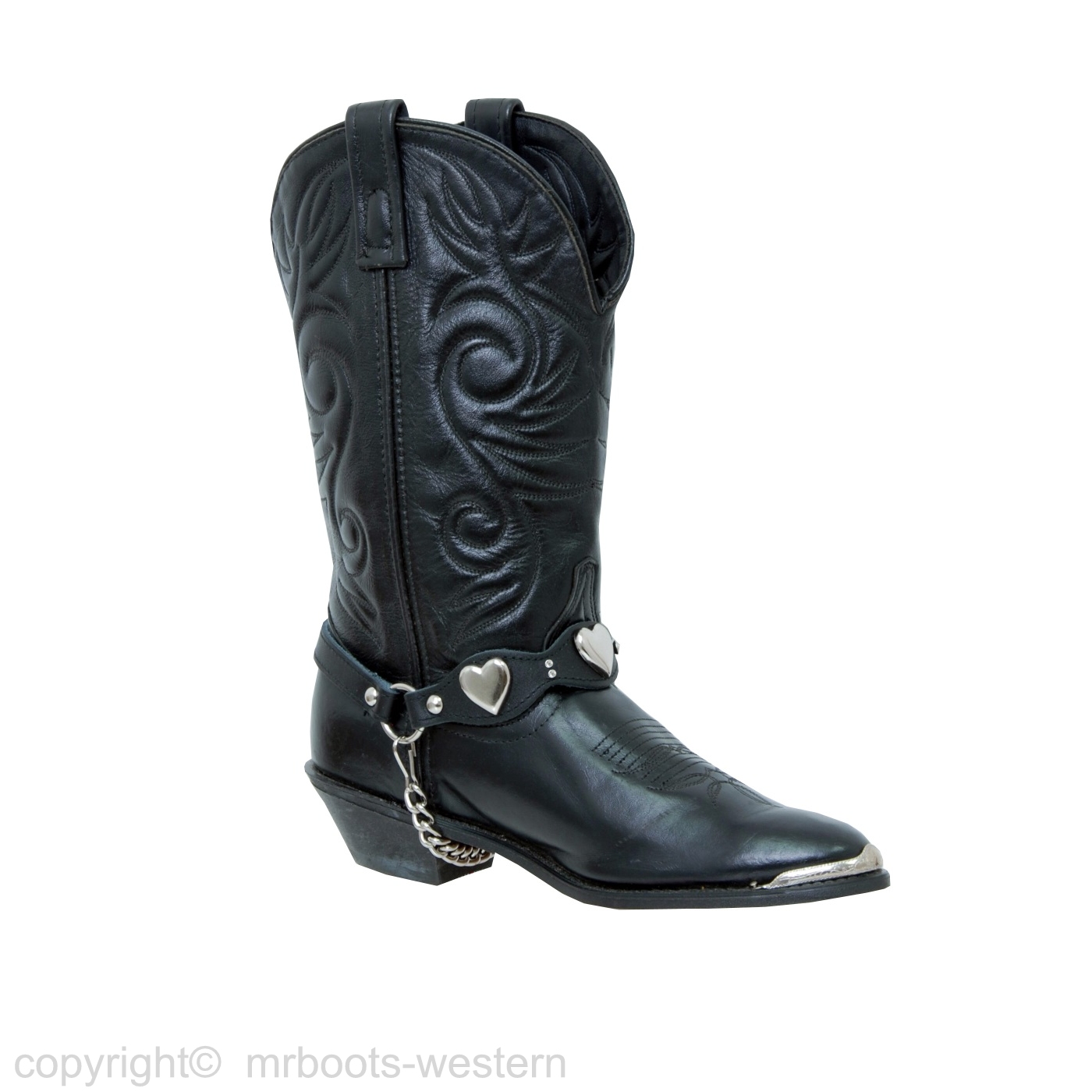 ALM-900-BLK Boot Strap Black Leather with Nickle Plated Hearts