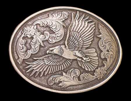 MF-37044 Belt Buckle Oval Antique Silver Eagle w/ Floral Design