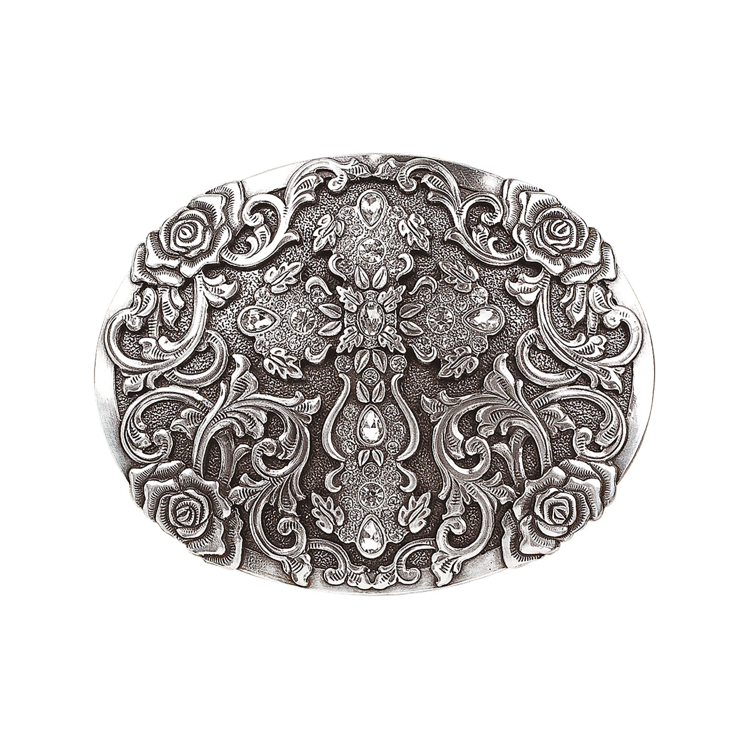 MF-37108 Belt Buckle Silver with Cross and Rhinestones