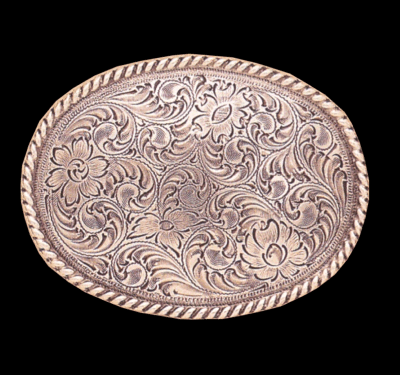 Belt Buckle - Silver w/Floral Design and Rope Edge
