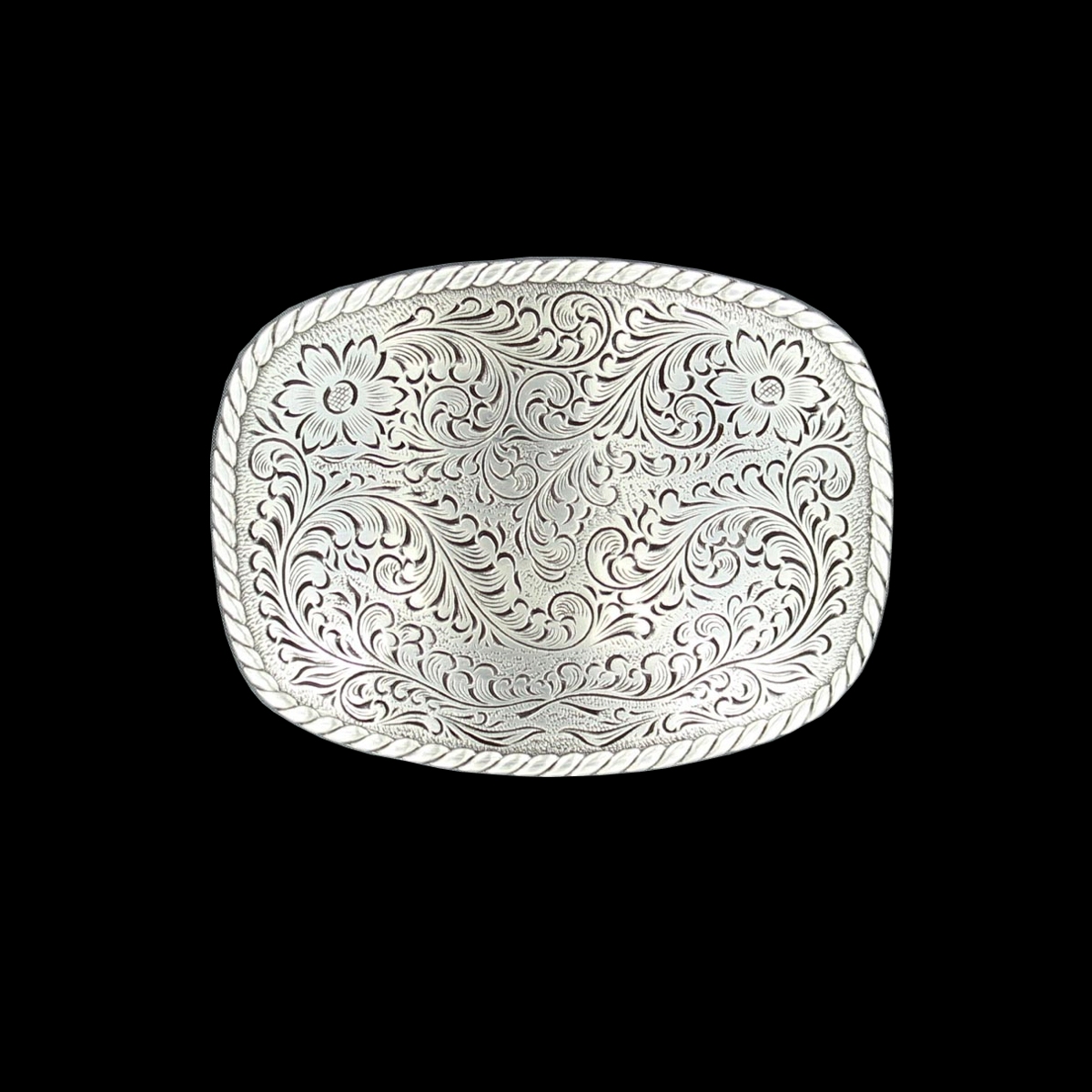 MF-37234 Belt Buckle Silver w/Floral Design and Rope Edge