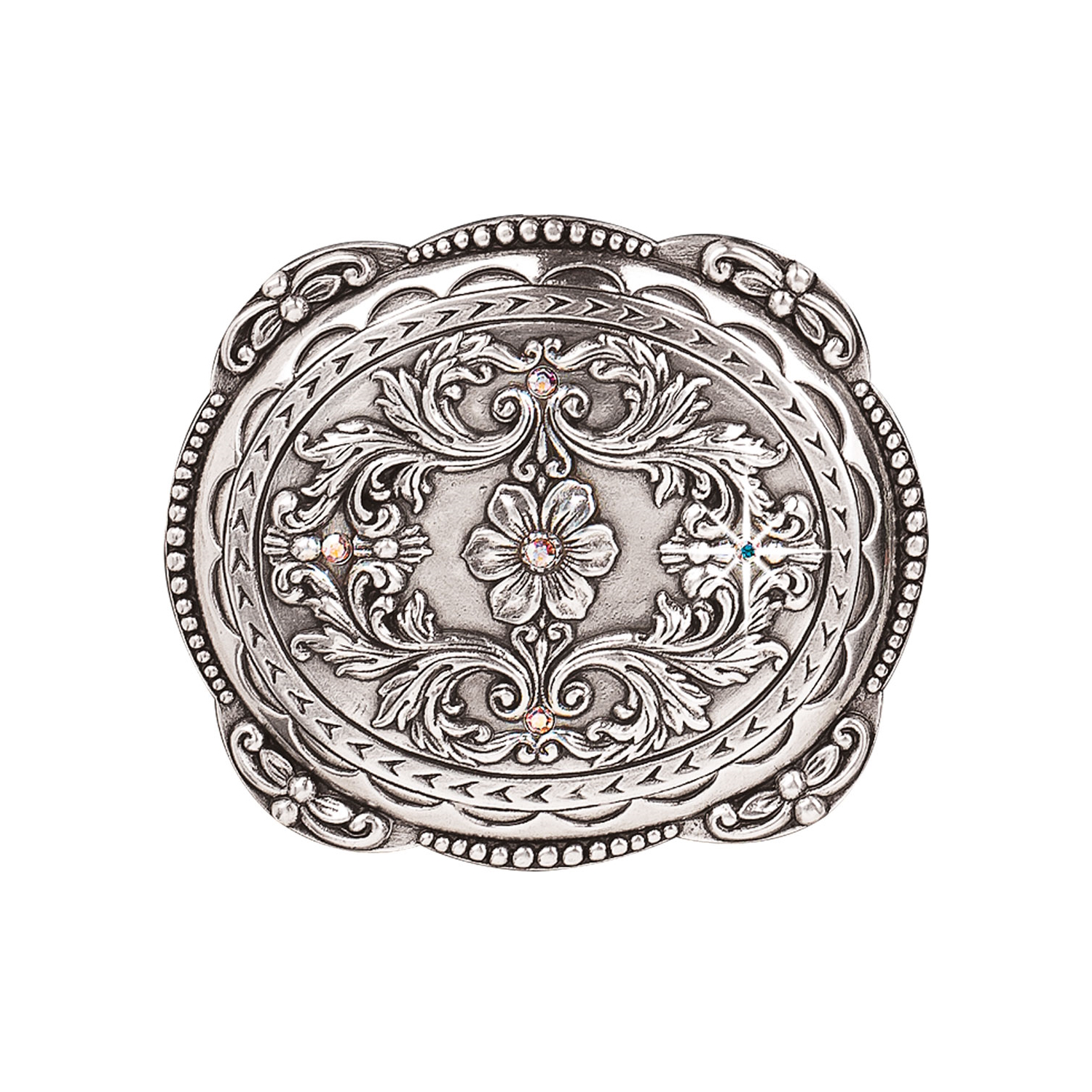 MF-37538 Belt Buckle Silver with Rhinestones and Flowers