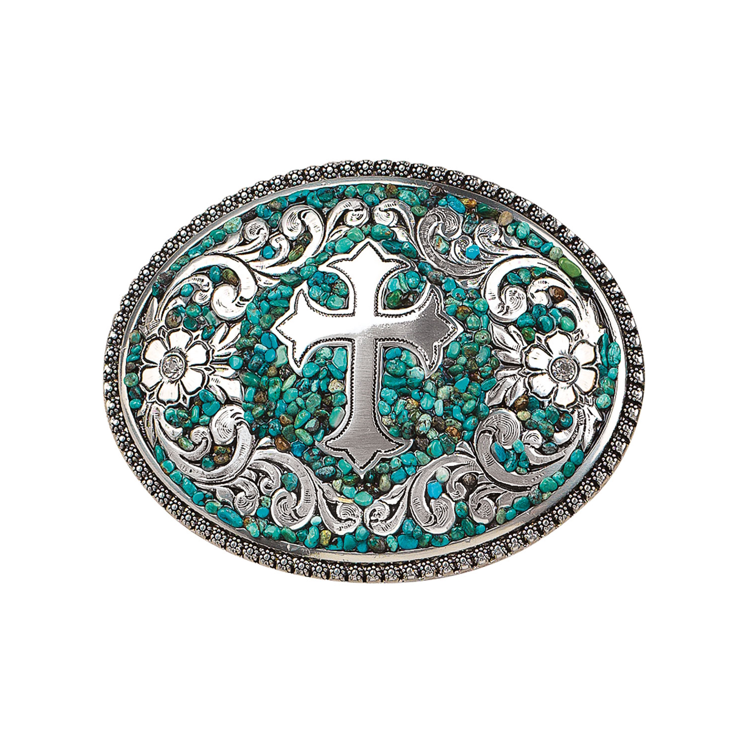 MF-37914 Belt Buckle Oval Cross with Turquoise