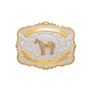 MF-38442 Trophy Buckle Standing Horse 2 Ribbons