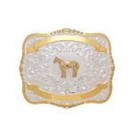 MF-38446 Trophy Buckle Standing Horse 2 Ribbons 4" x 5"