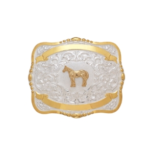 MF-38446 Trophy Buckle Standing Horse 2 Ribbons 4" x 5"