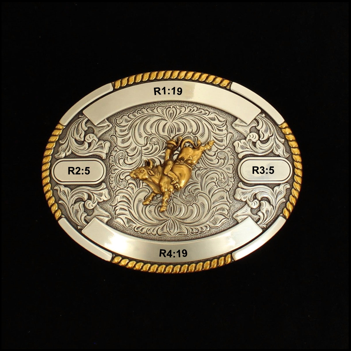 MF-38624 Trophy Buckle Oval Bull Rider 4 Ribbons 3-1/2x4-1/2