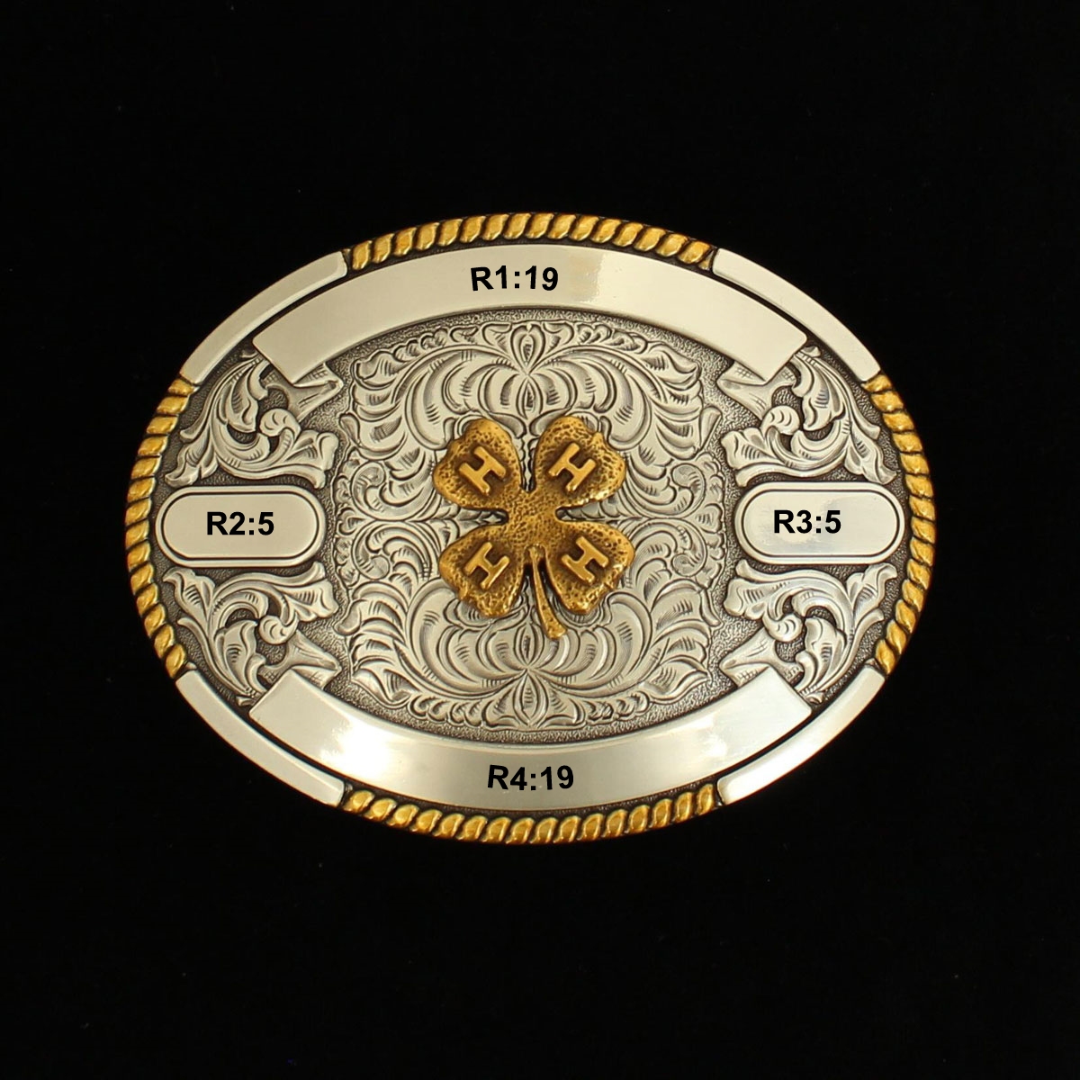 MF-38636 Trophy Buckle Oval 4H Clover 4 Ribbons 3-1/2x4-1/2