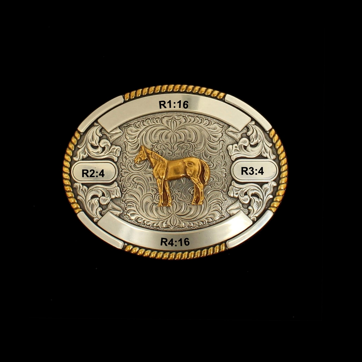 MF-38646 Trophy Buckle Oval Standing Horse 4 Ribbons 2-7/8x3-3/4