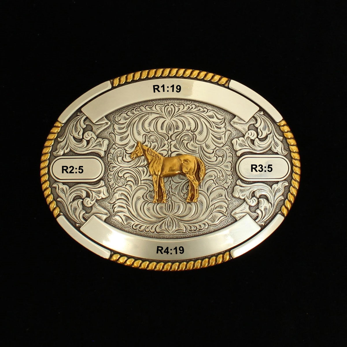 MF-38648 Trophy Buckle Oval Standing Horse 4 Ribbons 3-1/2x4-1/2