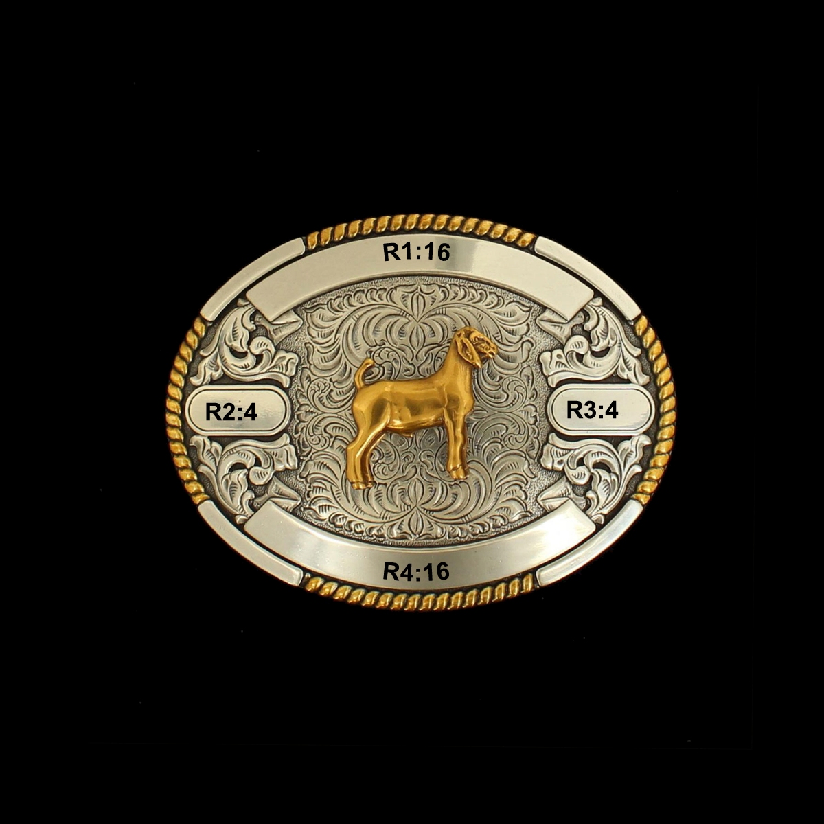 MF-38664 Trophy Buckle Oval Goat 4 Ribbons 2-7/8x3-3/4
