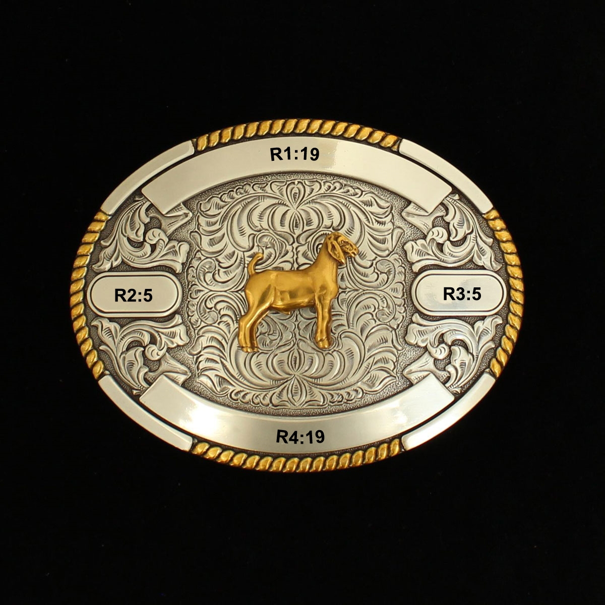 MF-38666 Trophy Buckle Oval Goat 4 Ribbons 3-1/2x4-1/2
