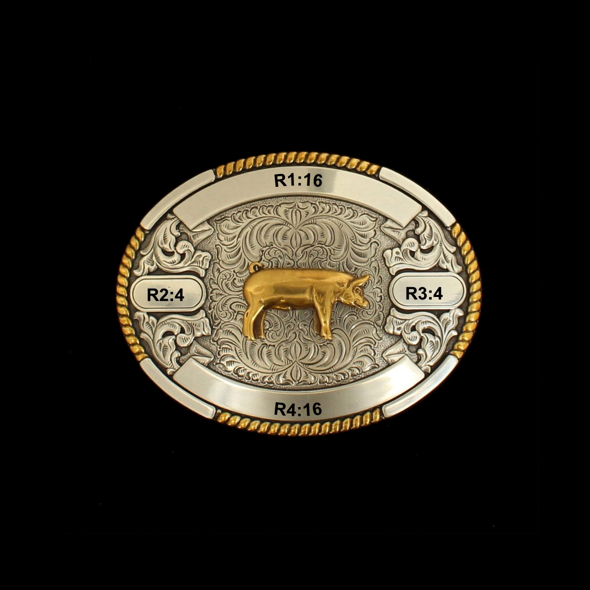 MF-38670 Trophy Buckle Oval Pig 4 Ribbons 2-7/8x3-3/4