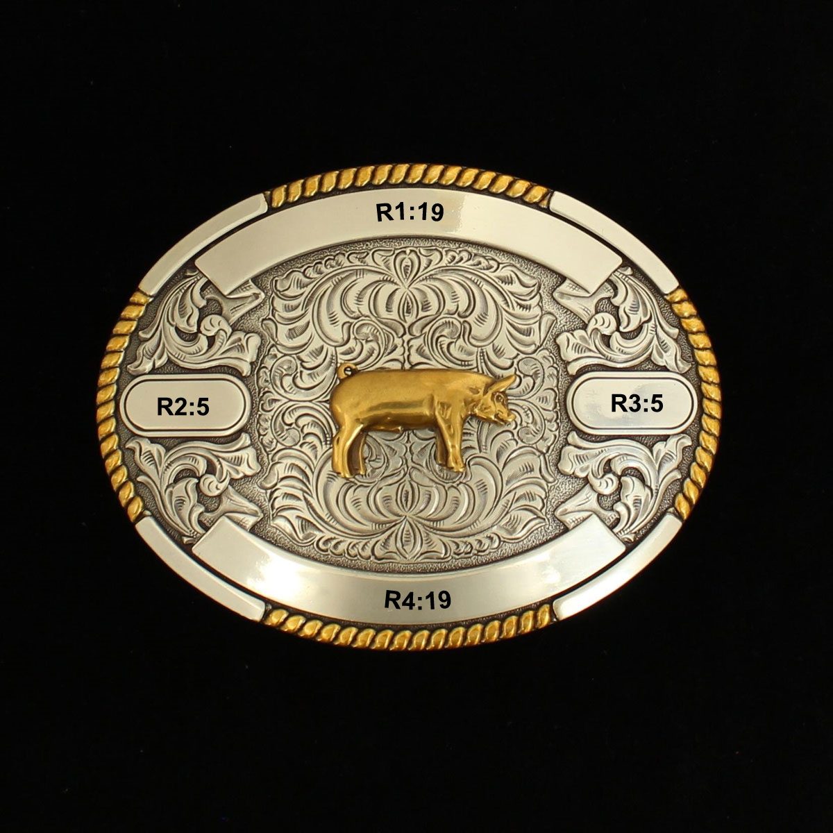 MF-38672 Trophy Buckle Oval Pig 4 Ribbons 3-1/2x4-1/2