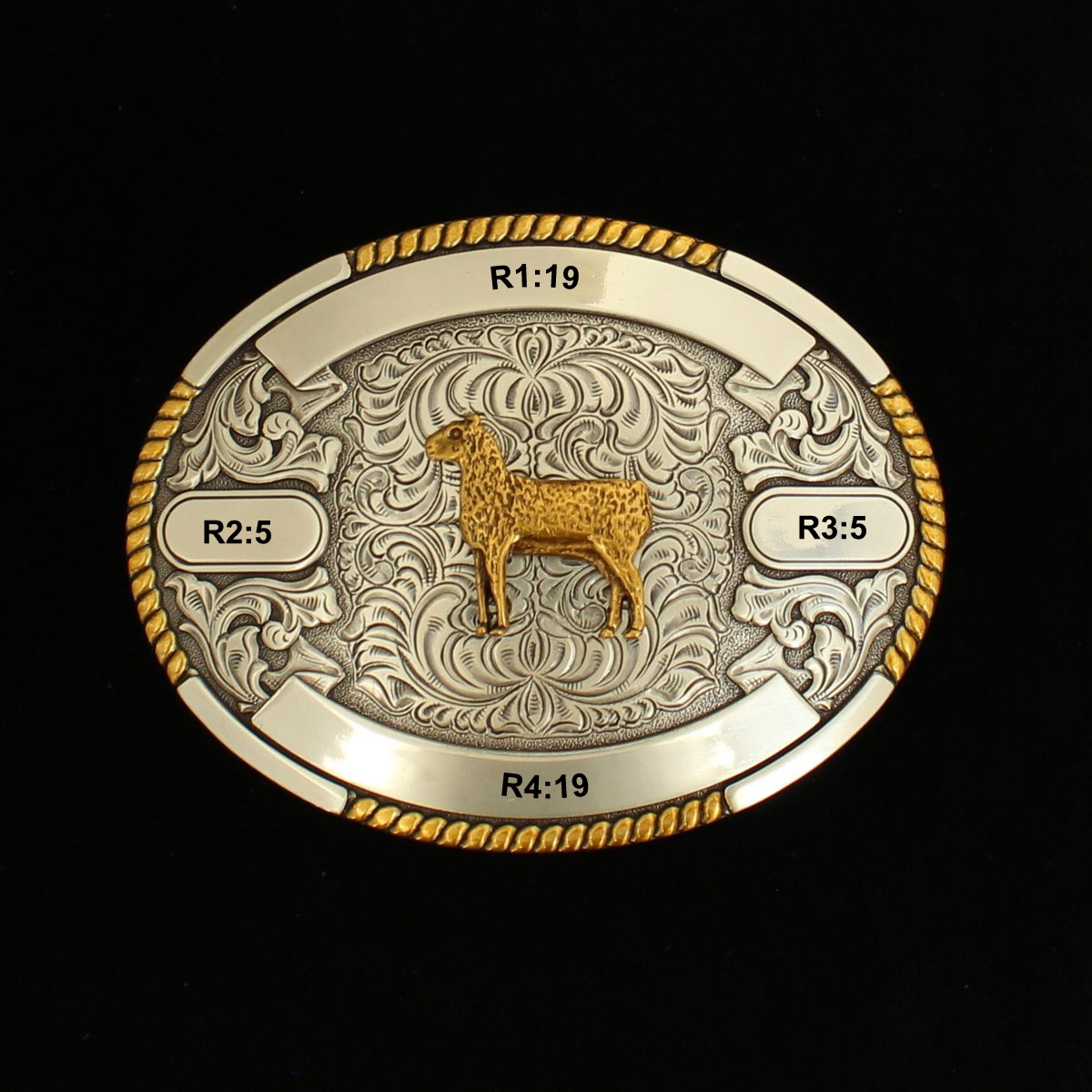 MF-38678 Trophy Buckle Oval Sheep 4 Ribbons 3-1/2x4-1/2