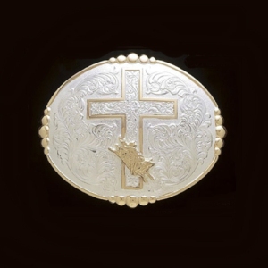 MF-C10994 Belt Buckle Silver with Gold Cross & Bullrider