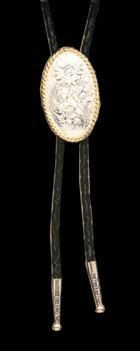 MF-22802 Bolo Tie Oval Silver Floral with Gold Rope Edge