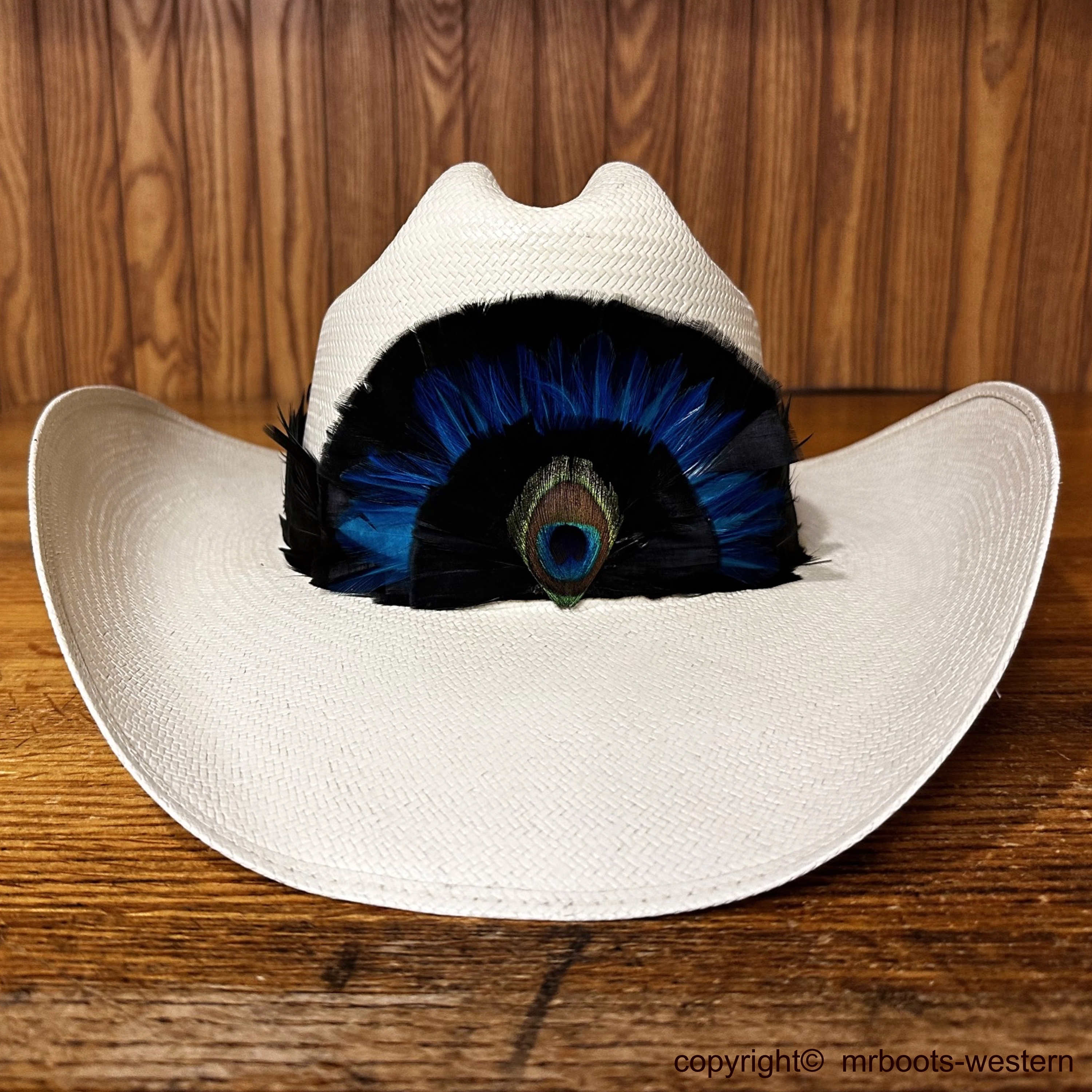 AU-FHB-06 Feather Hat Band Black & Blue with Peacock