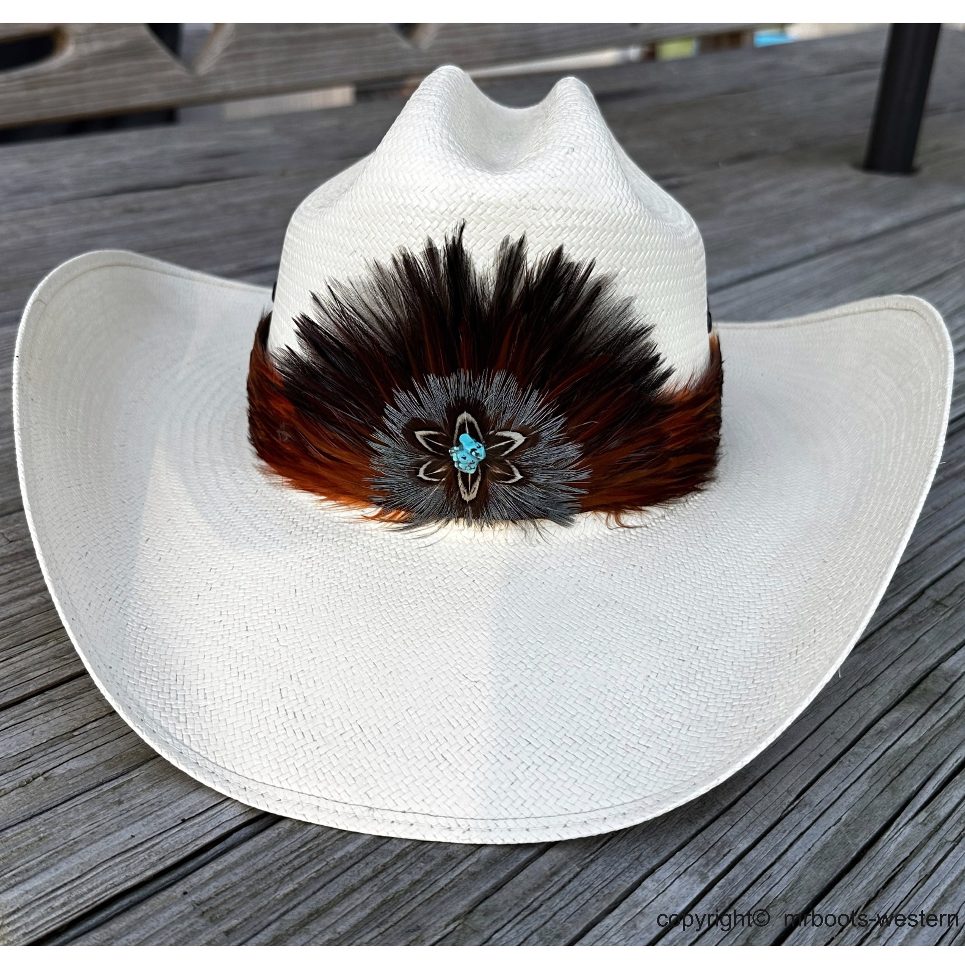 AU-FHB-07 Feather Hat Band Rust/Natural Brown w/ Turquoise Stone