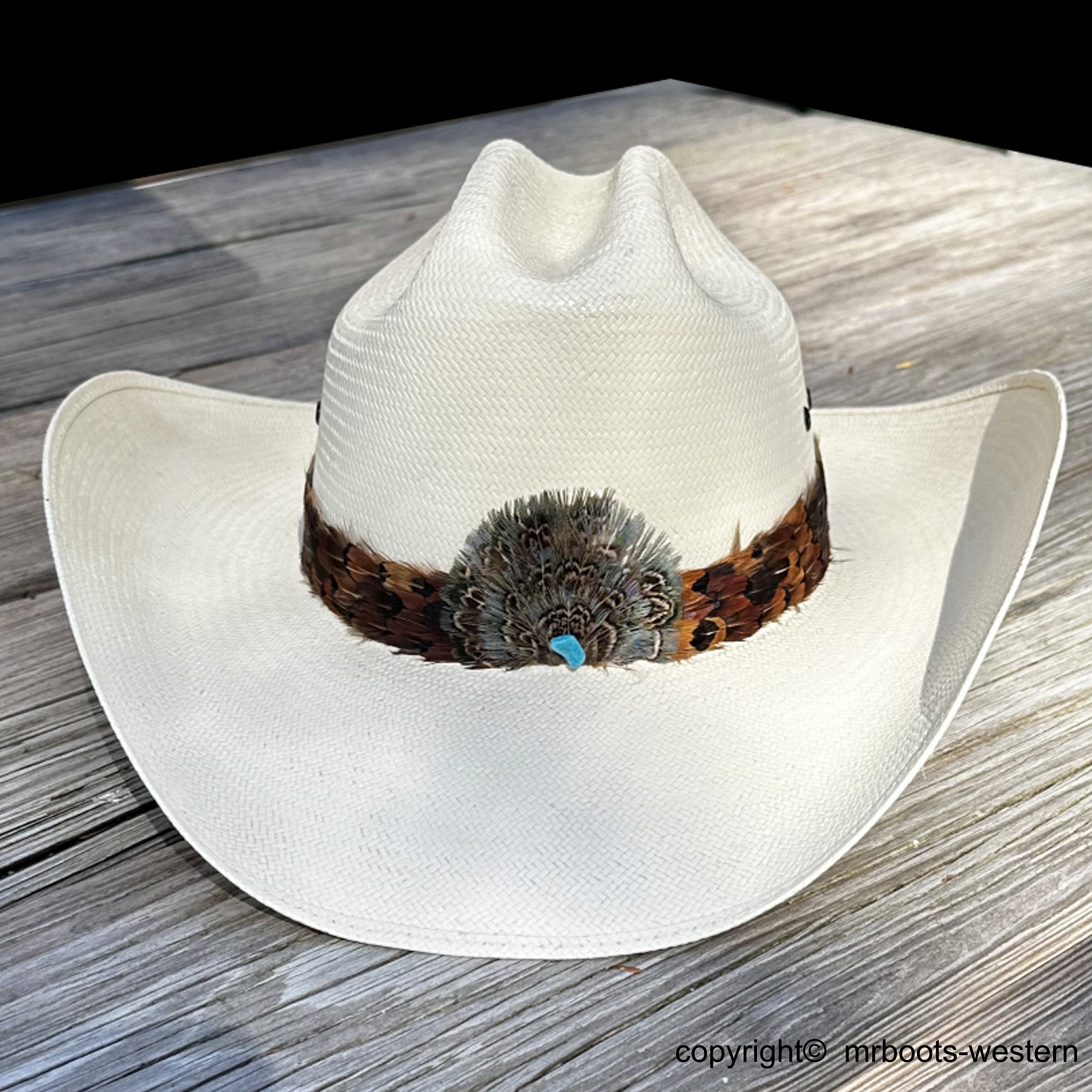 AU-FHB-10 Feather Hat Band with Turquoise Stone Low Crown