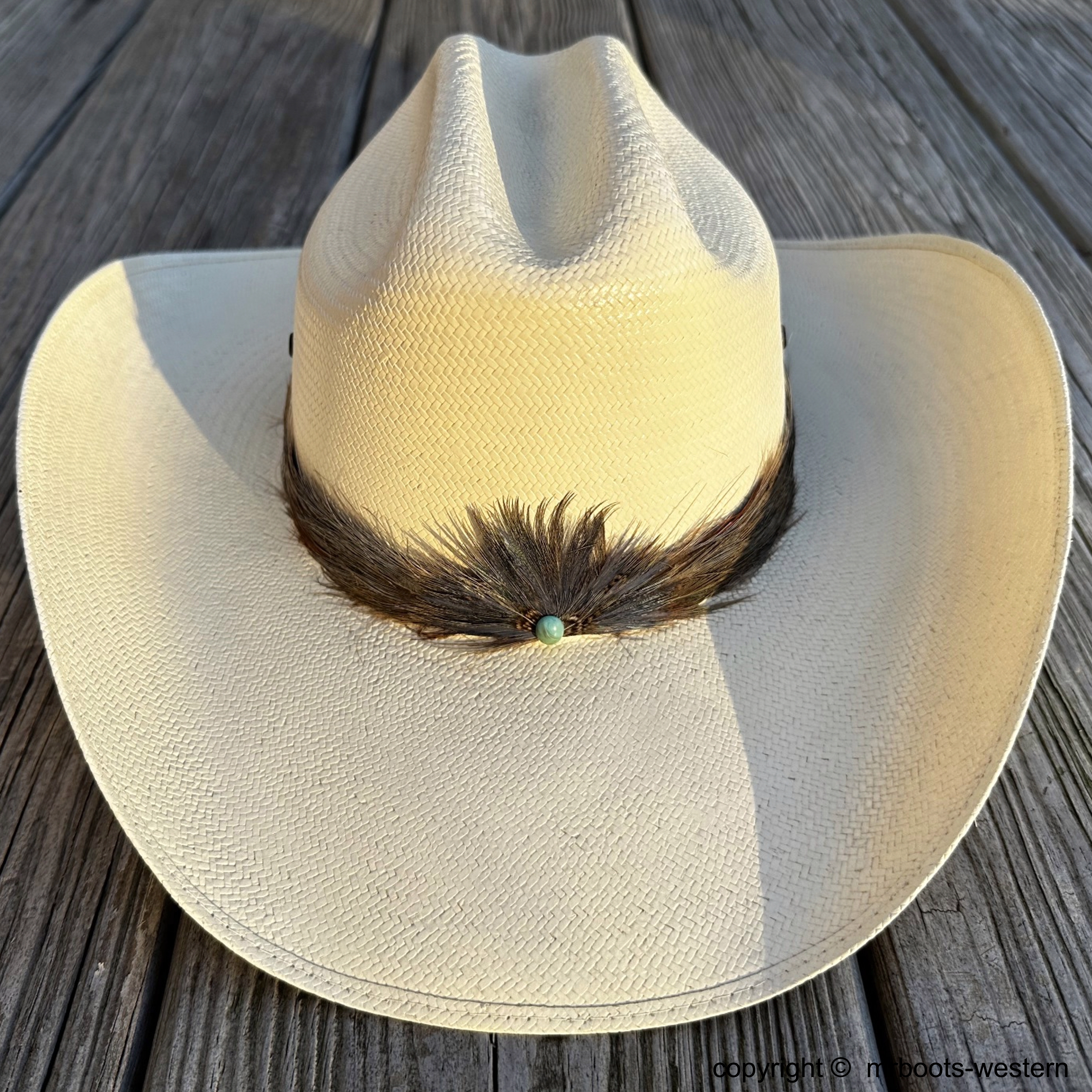AU-FHB-11 Feather Hat Band with Light Green Stone Low Crown
