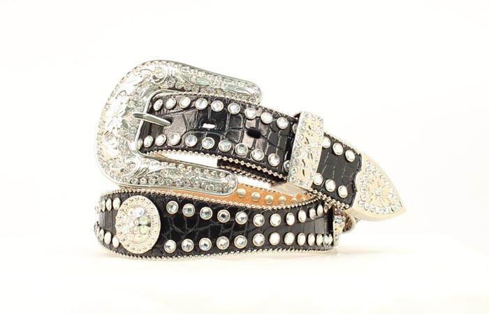 NA-35120-01 Black Croc Print Scalloped Belt with White Crystals
